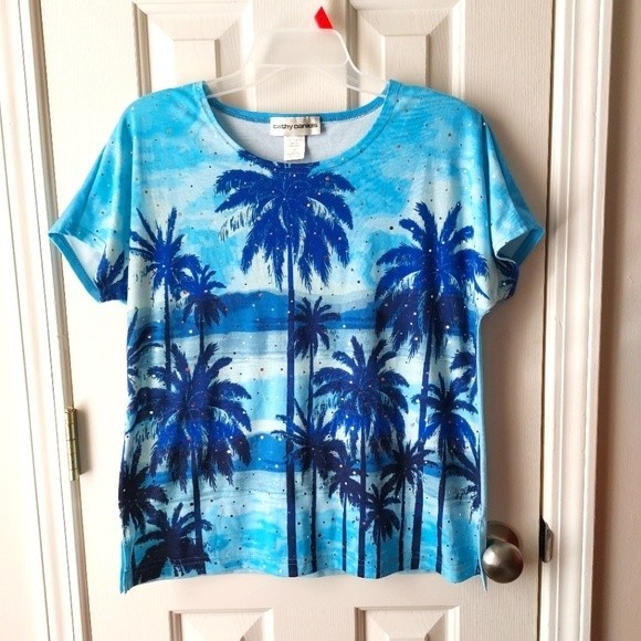 Cathy Daniels - Palm Trees Beach Blue Shirt w/ Sequins Tropical Print - Picture 1 of 6